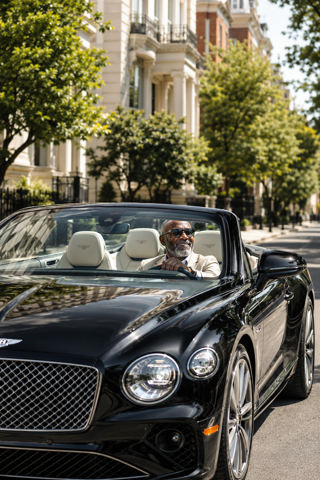 Confident dealer leaning against a yellow Mercedes
